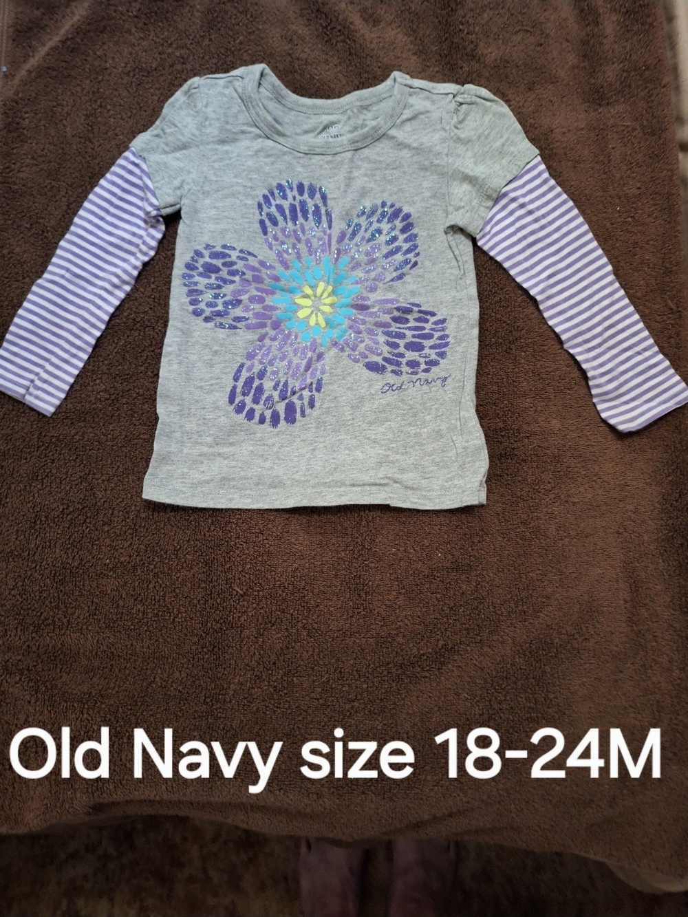 Old Navy Gray Top with Purple Striped Sleeves and Floral Graphic